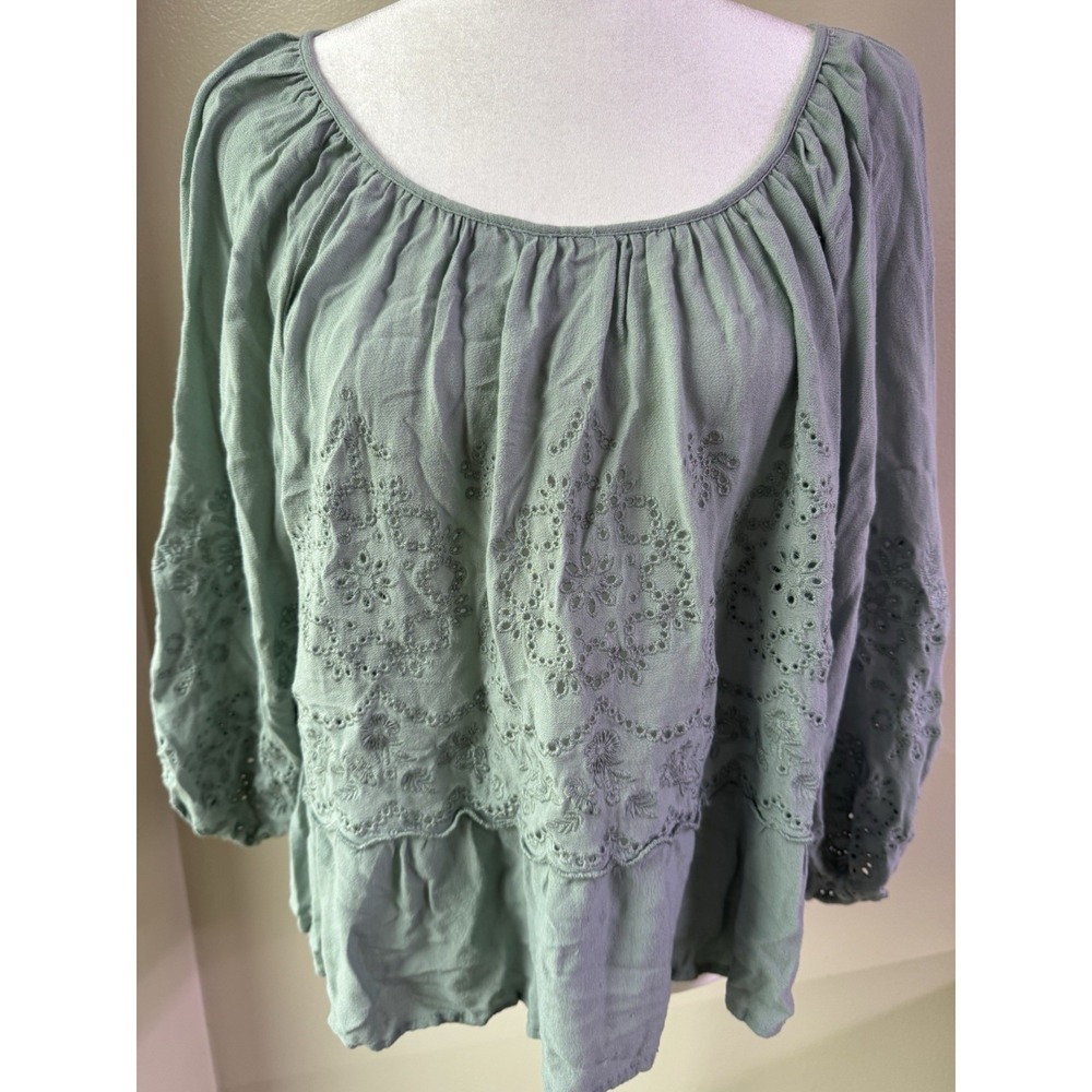 Bohemian Embroidered Peasant Top/ Cottage Core Blouse Size L Blueish Green